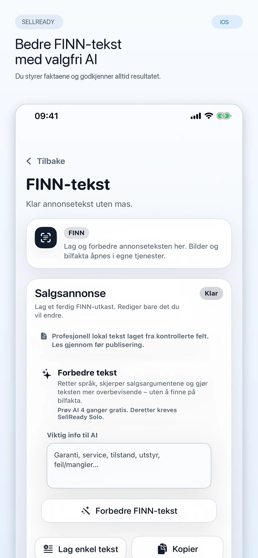 SellReady lager og forbedrer FINN-tekst med valgfri AI