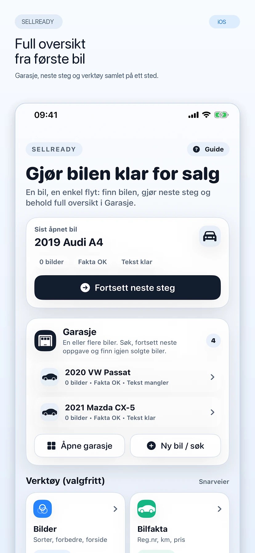 SellReady Garasje med oversikt over biler og neste salgssteg