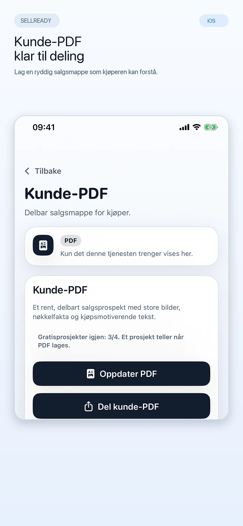 SellReady Kunde-PDF klar til deling med kjøper