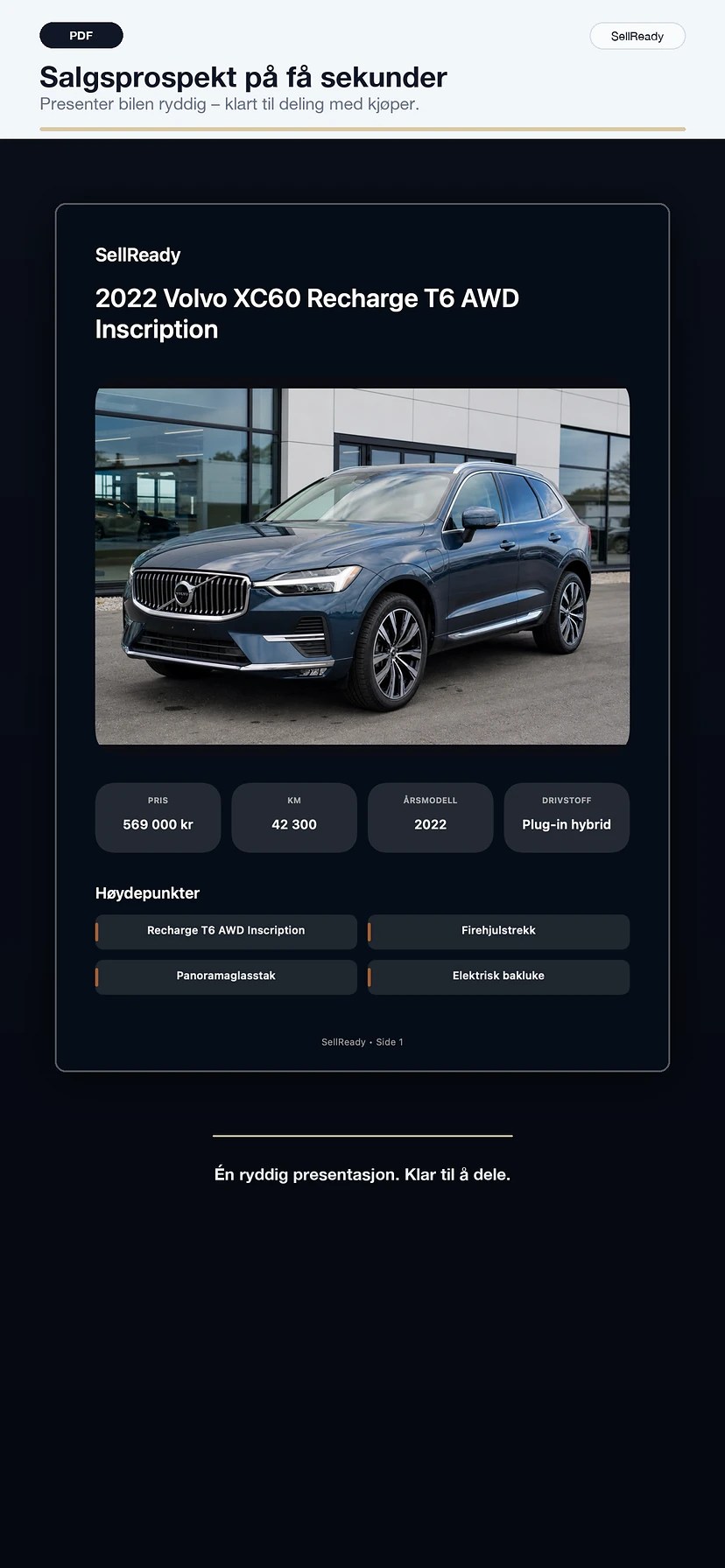 Ferdig SellReady-salgsprospekt for en Volvo XC60
